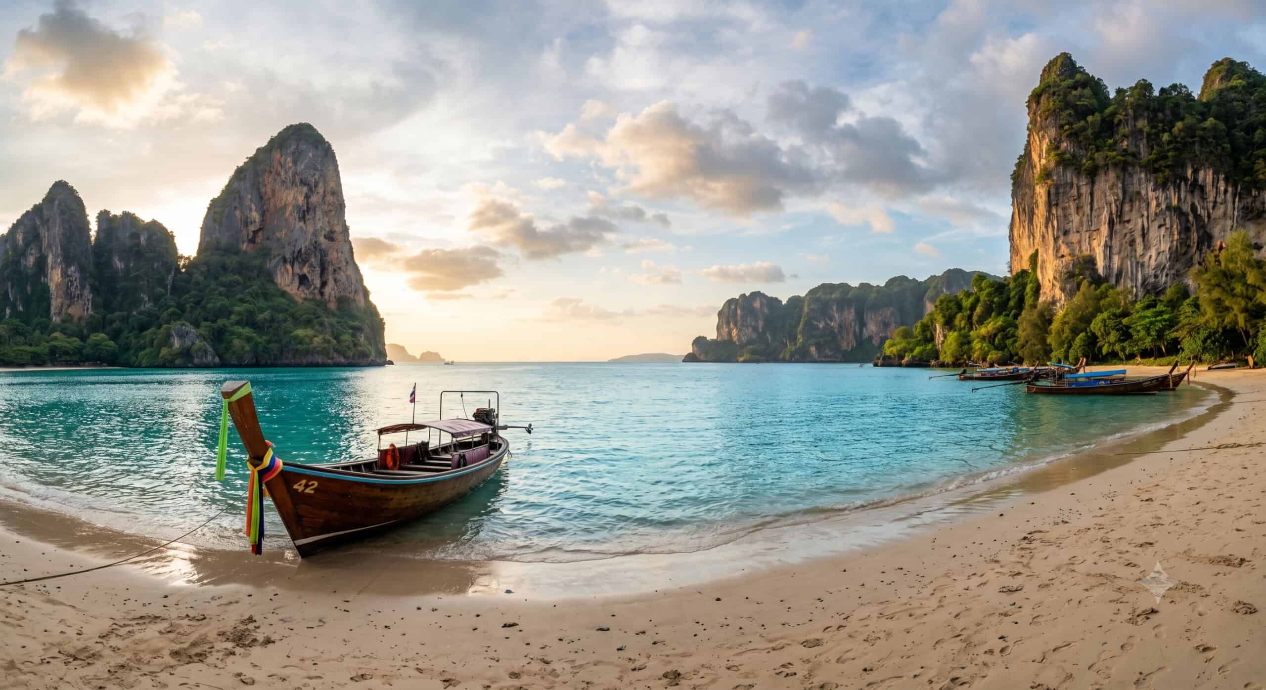 Longtail boat in the turquoise water at Railay Beach, Krabi, with dramatic limestone cliffs