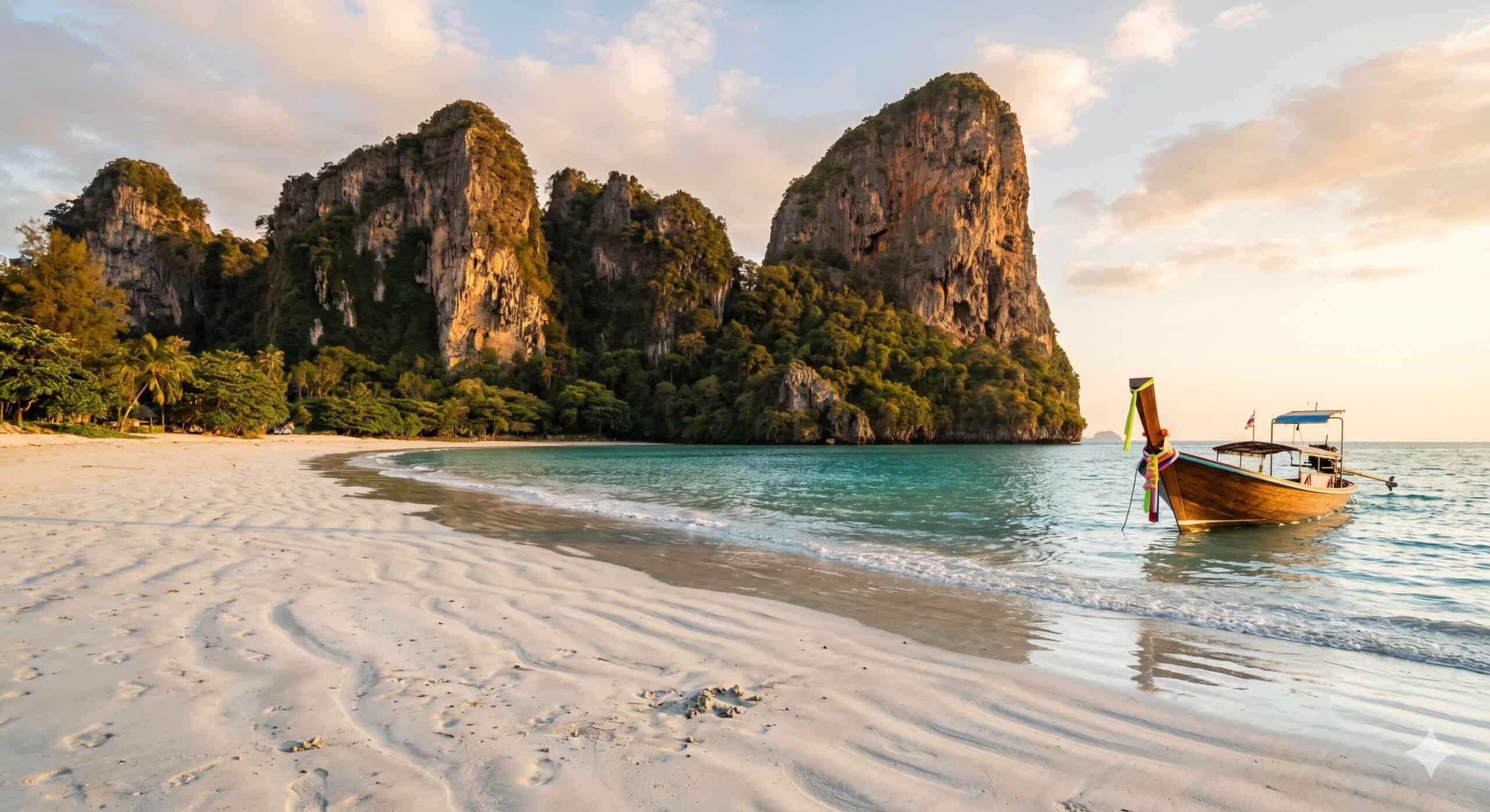 Railay Beach Krabi Thailand at sunset with limestone cliffs and longtail boat