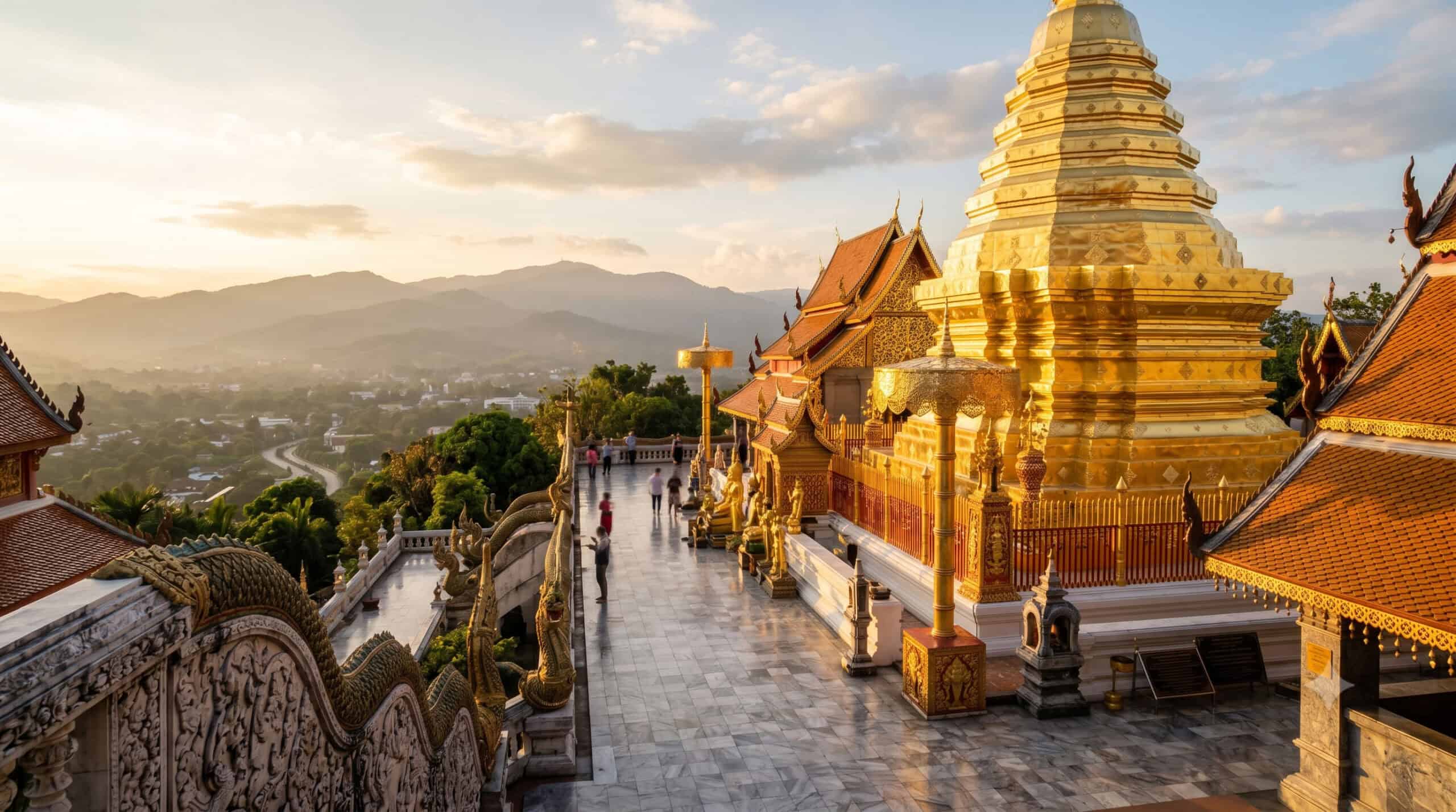 Golden chedi of Wat Phra That Doi Suthep temple rising above Chiang Mai, Thailand at sunset