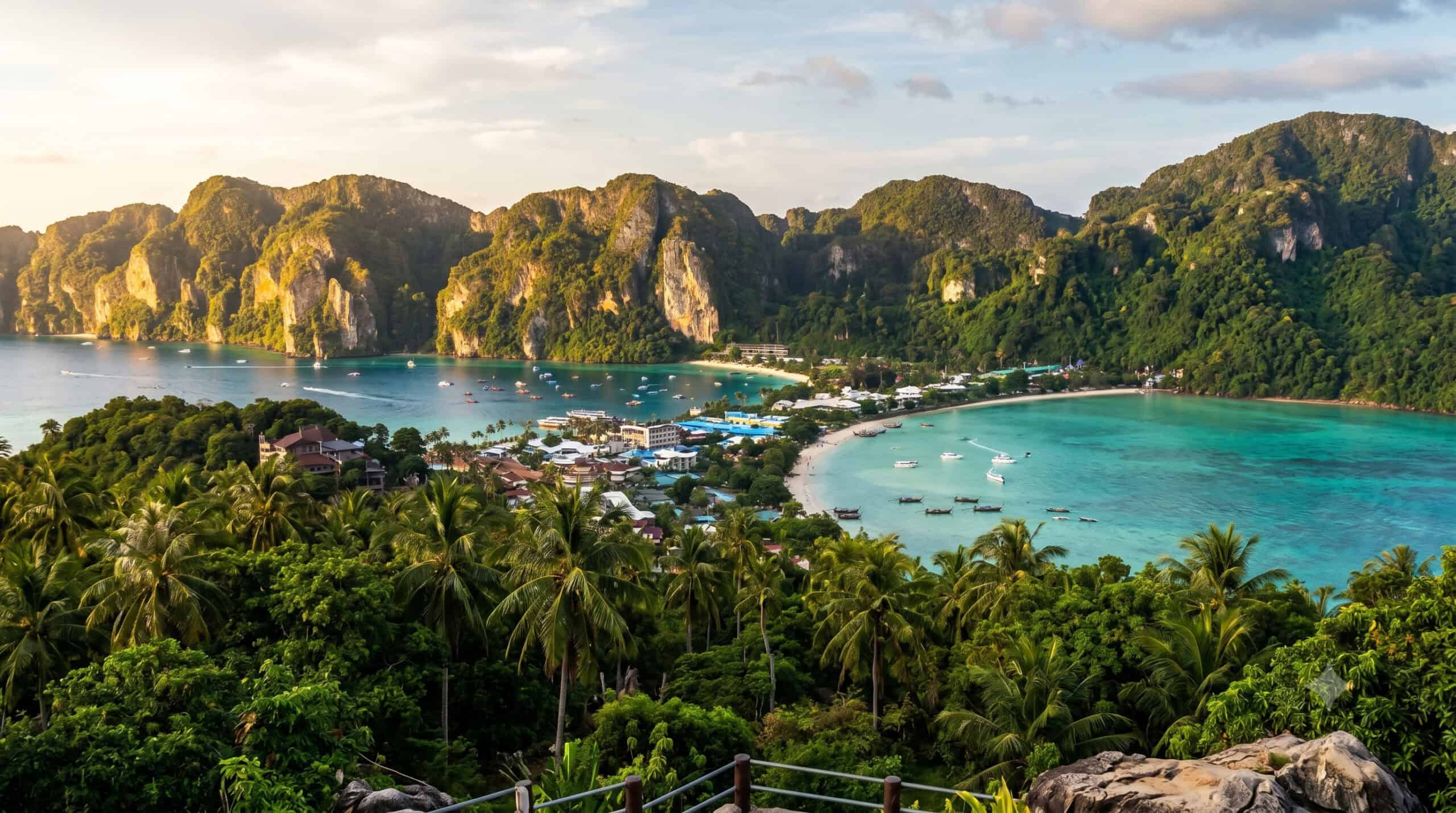 Aerial panorama of Phi Phi Islands twin bays with turquoise Andaman Sea water and limestone cliffs