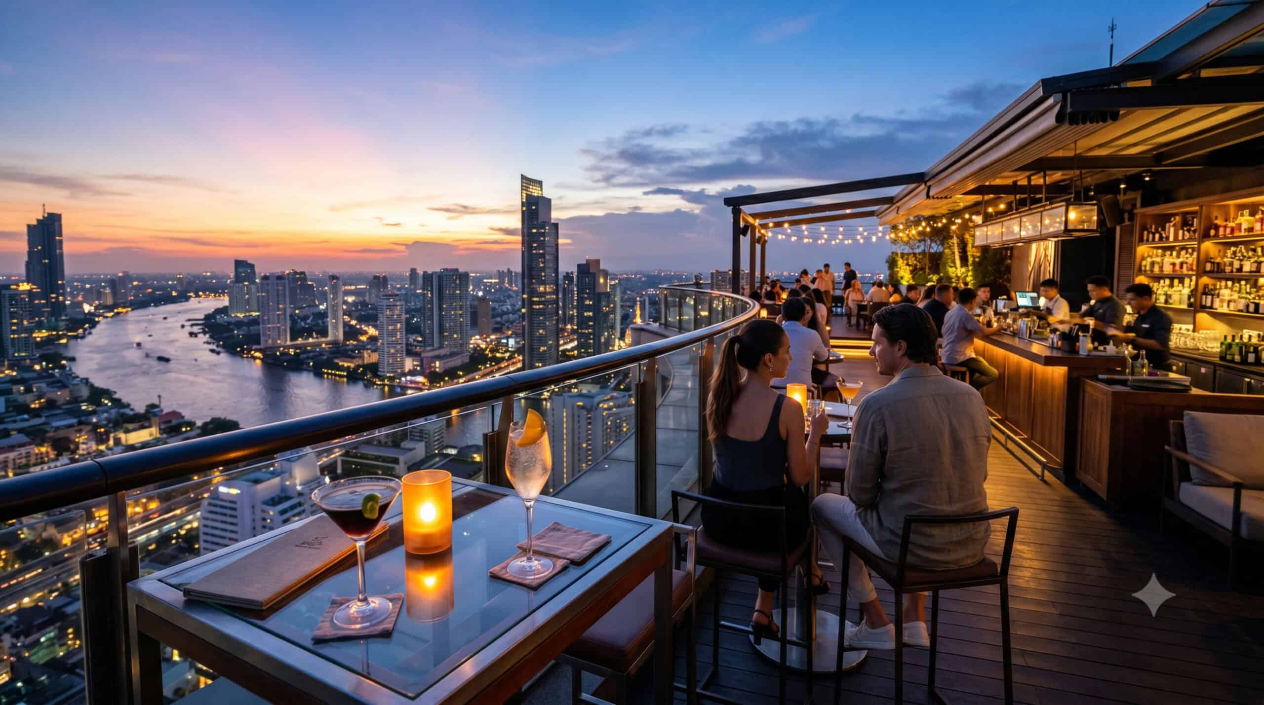 Rooftop bar in Bangkok Thailand with cocktails and city skyline at twilight