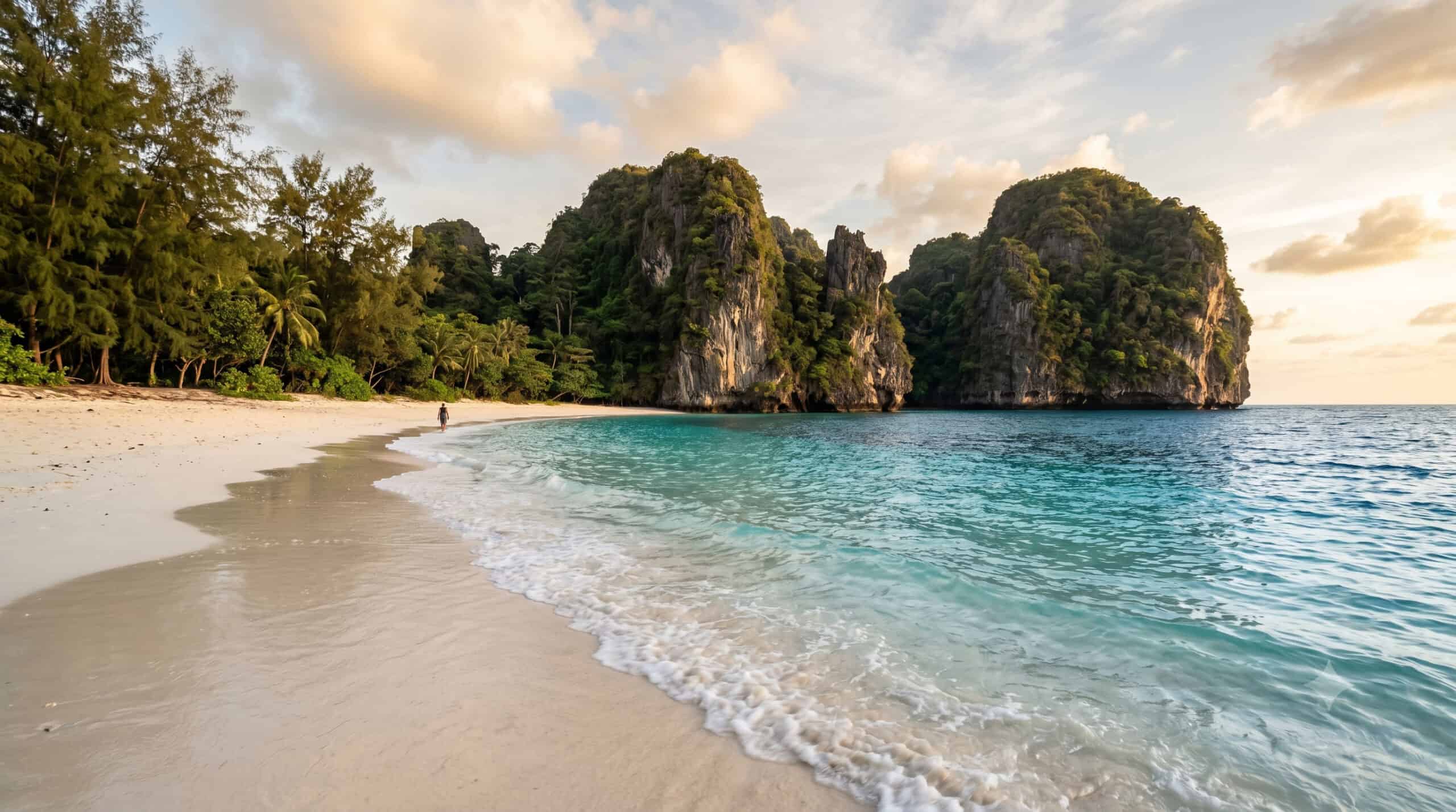 Pristine white sand beach with turquoise water on a quiet hidden island in Thailand