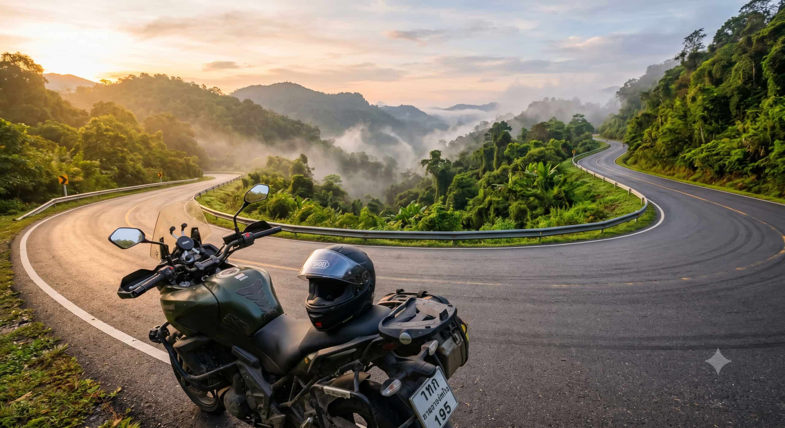 Motorcycle parked on a winding mountain road in Northern Thailand at sunrise with jungle mist