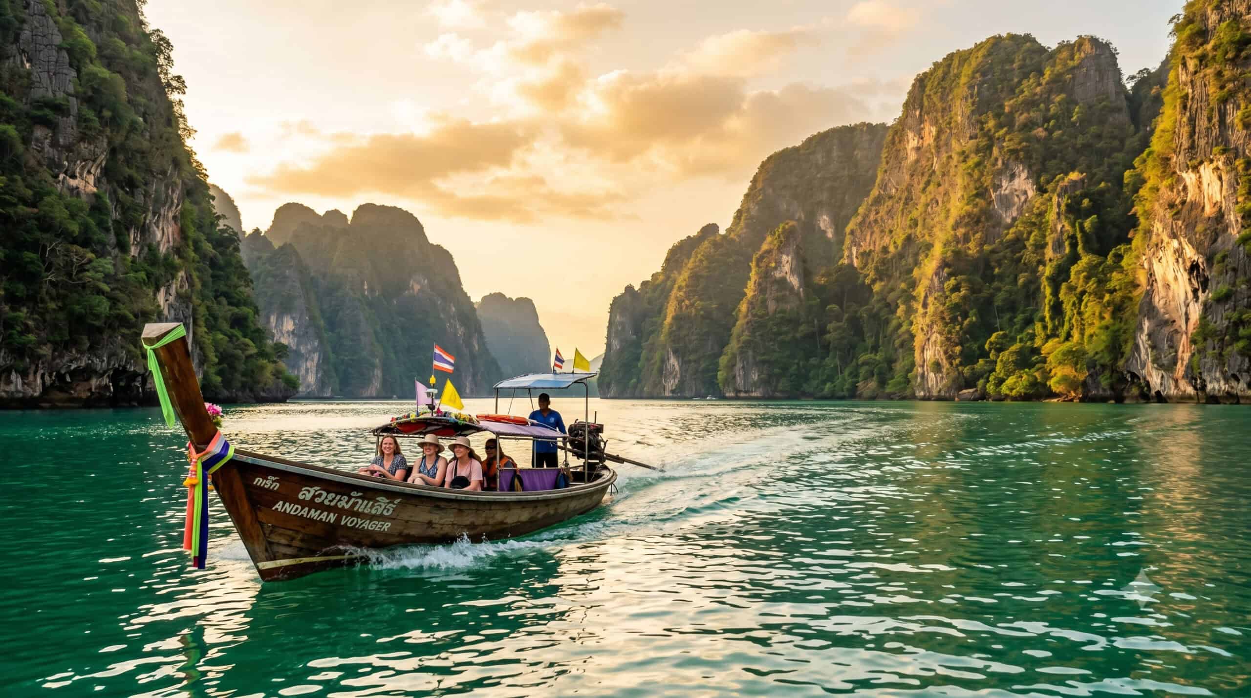 Long-tail boat on turquoise water with limestone cliffs in southern Thailand
