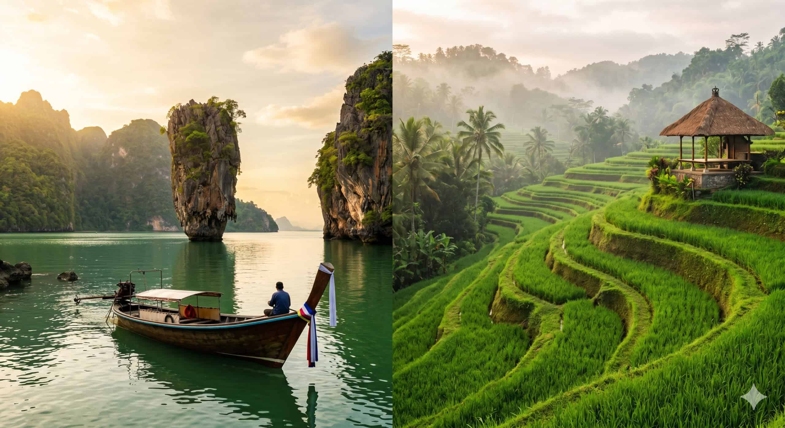 Split view comparing Thailand's limestone karst coastline and Bali's lush green rice terraces for a Thailand vs Bali travel guide