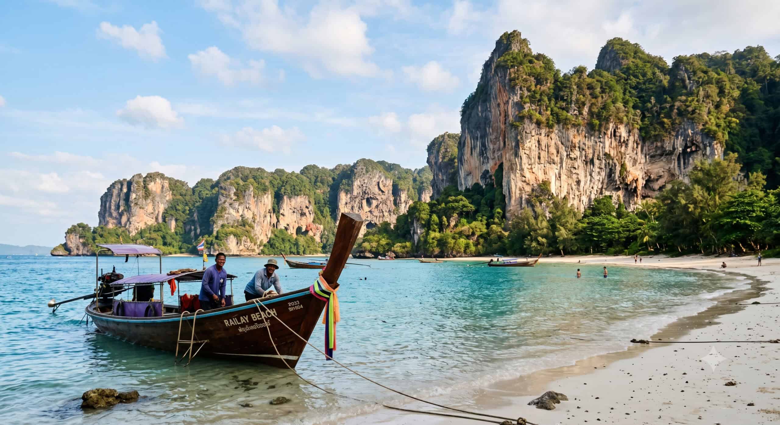Longtail boat on Railay Beach with towering limestone cliffs in Krabi Thailand
