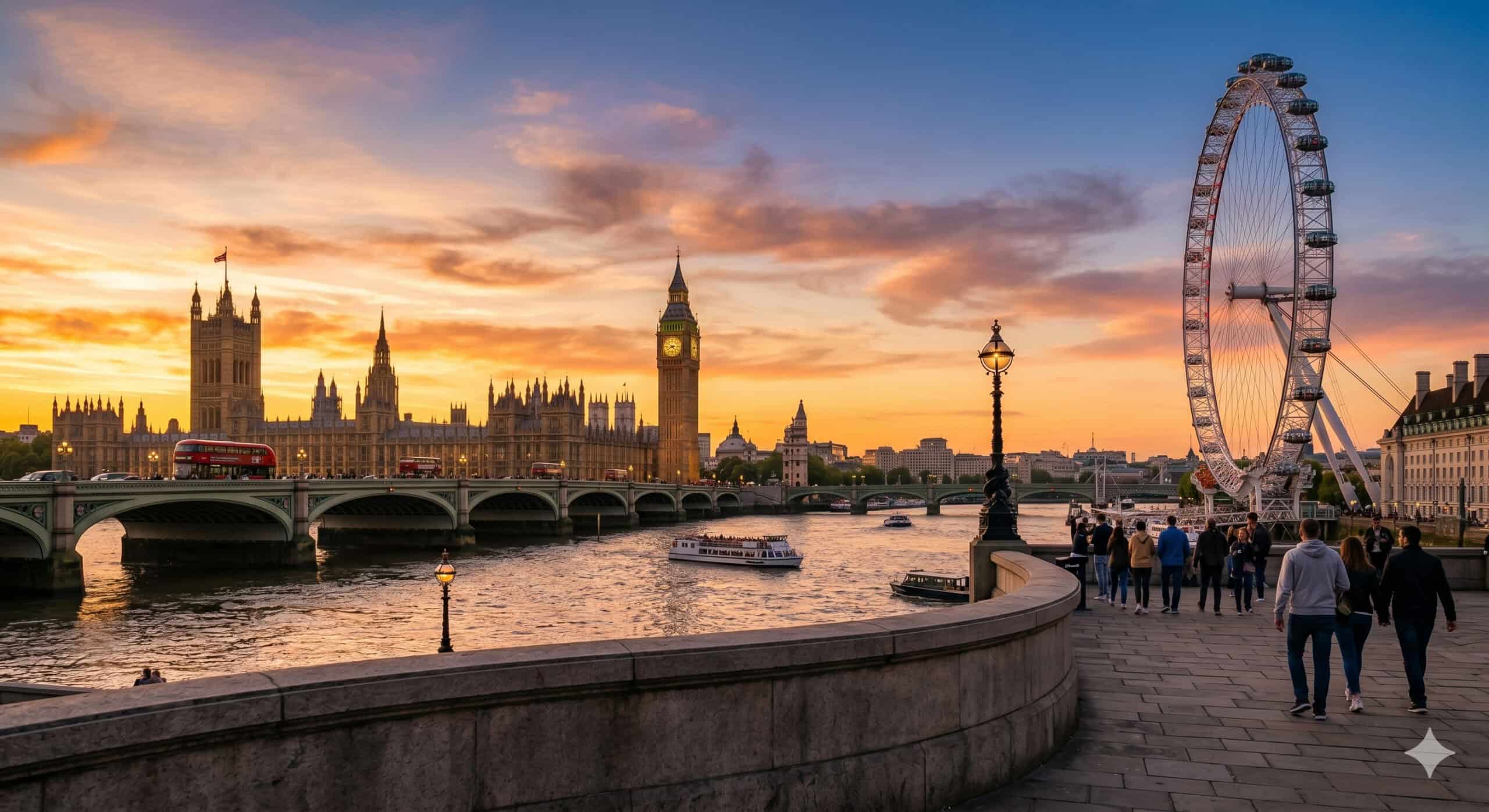 Golden hour view of the Thames riverfront with Big Ben and the London Eye visible from the South Bank.