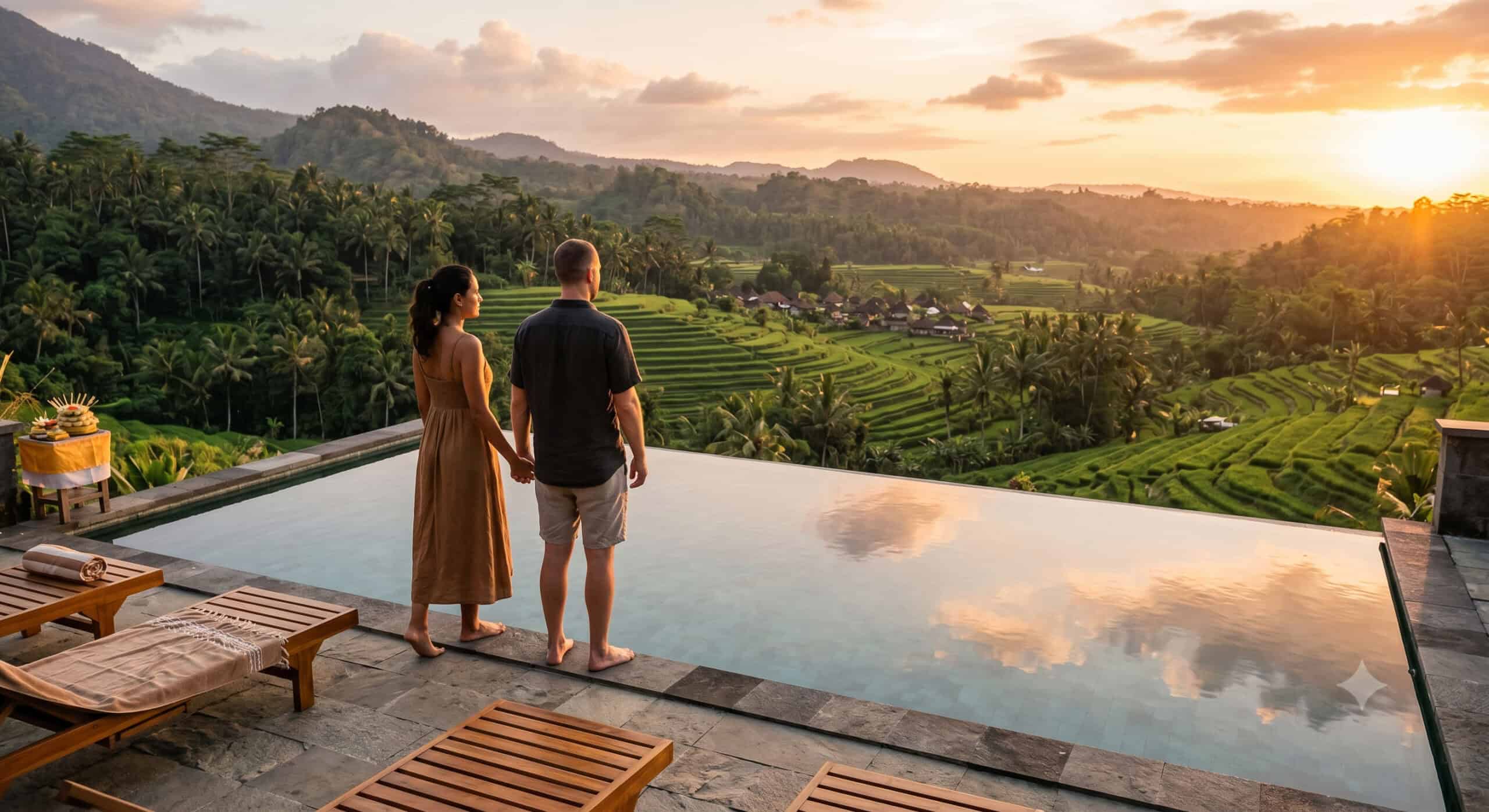 Couple enjoying an infinity pool with views of Bali rice terraces at sunset
