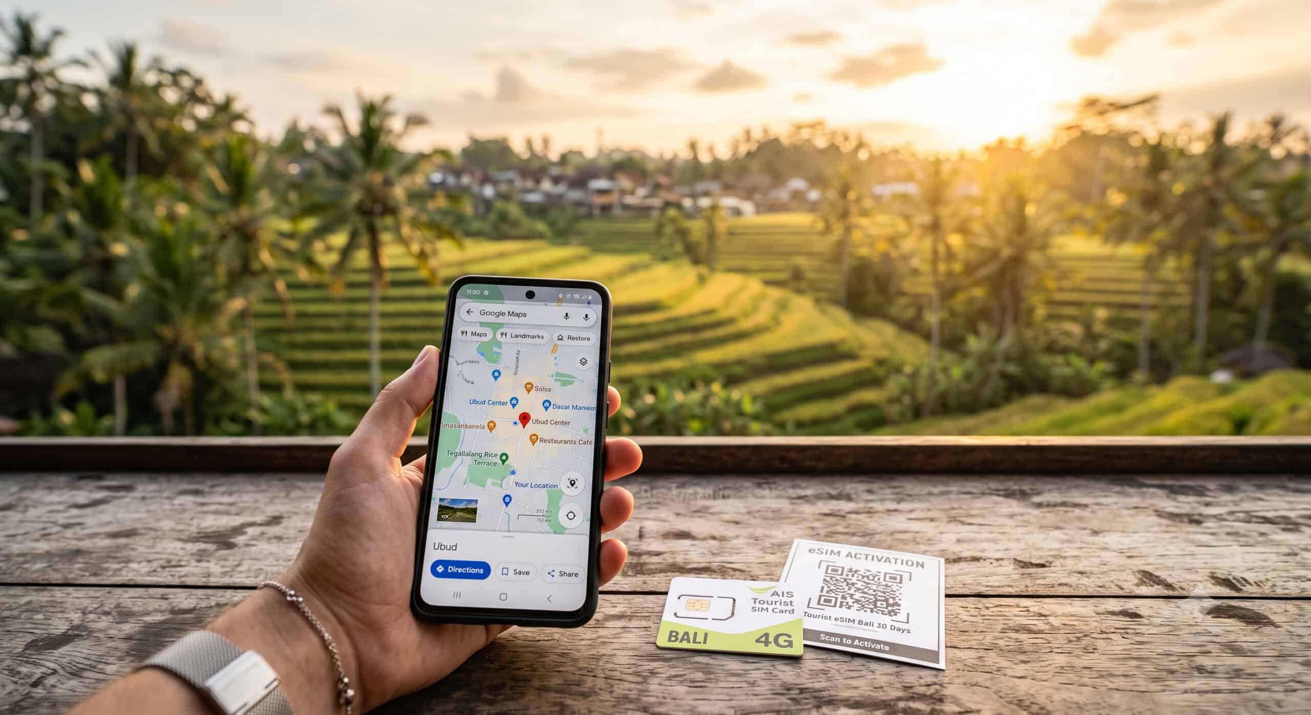 Smartphone with maps app and Bali SIM card on cafe table