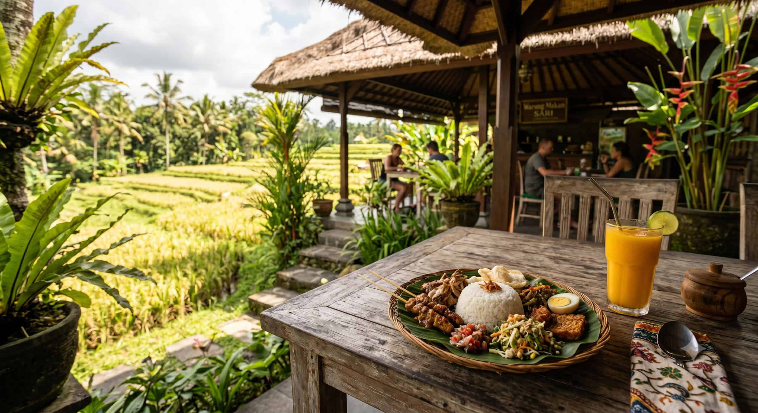 Traditional Balinese warung serving nasi campur with rice paddies in the background
