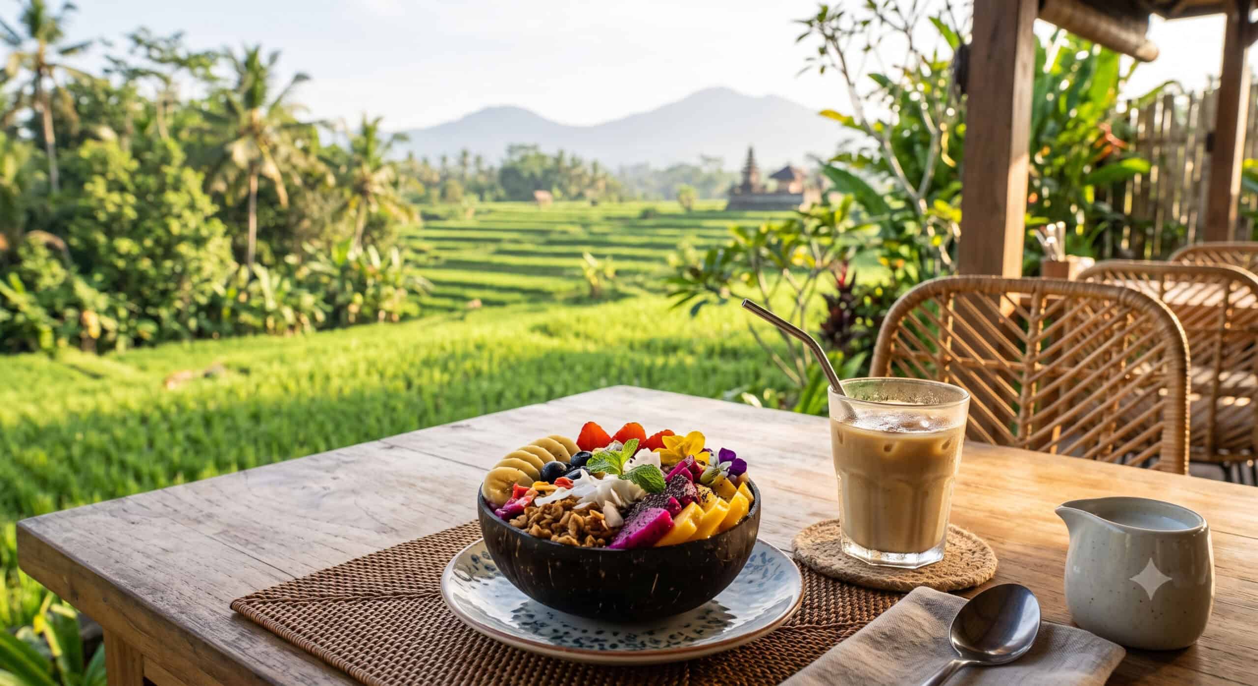 Smoothie bowl and coffee at an open-air breakfast café in Bali