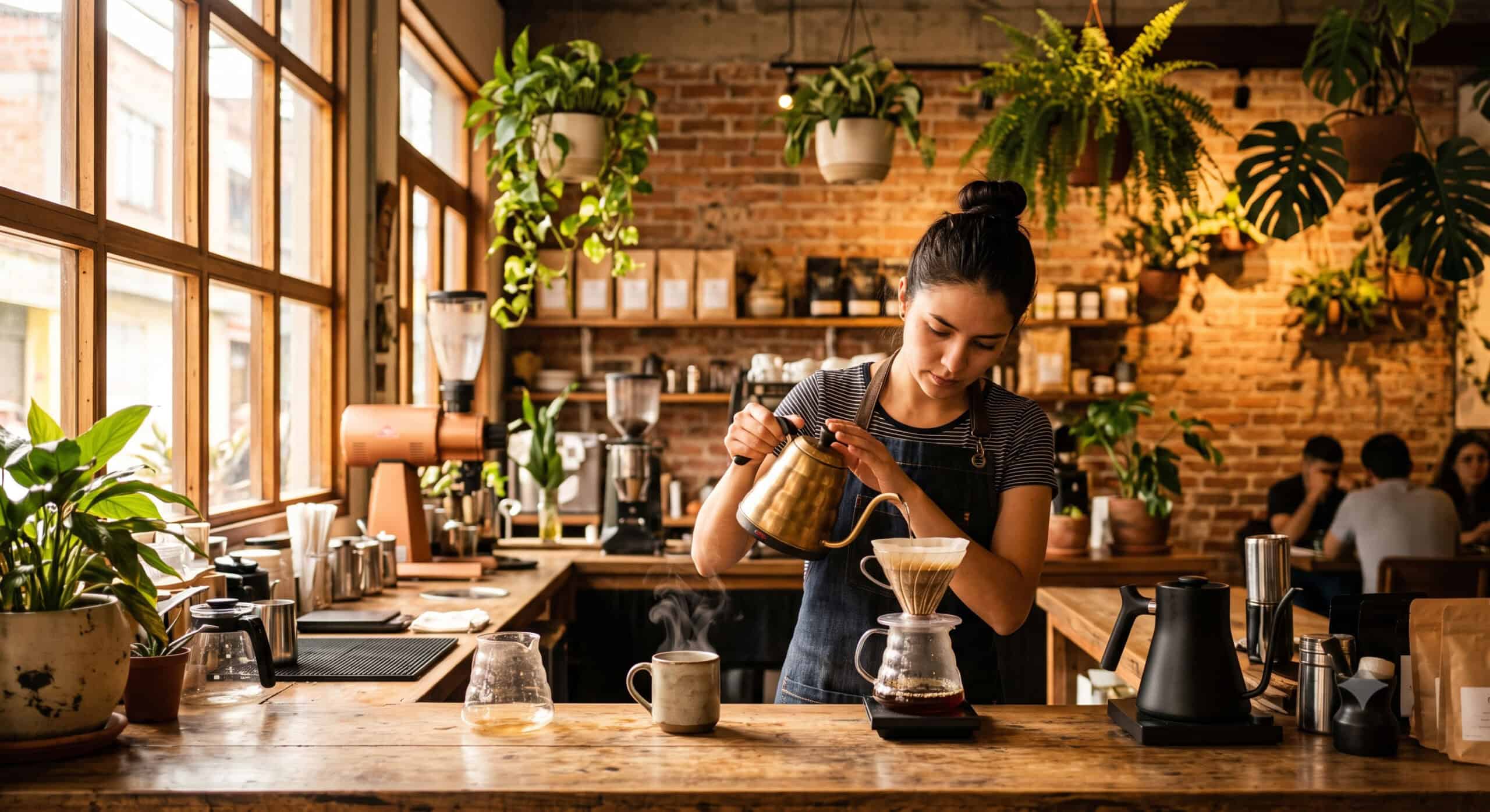 Barista pouring specialty coffee at a café in Medellín, Colombia