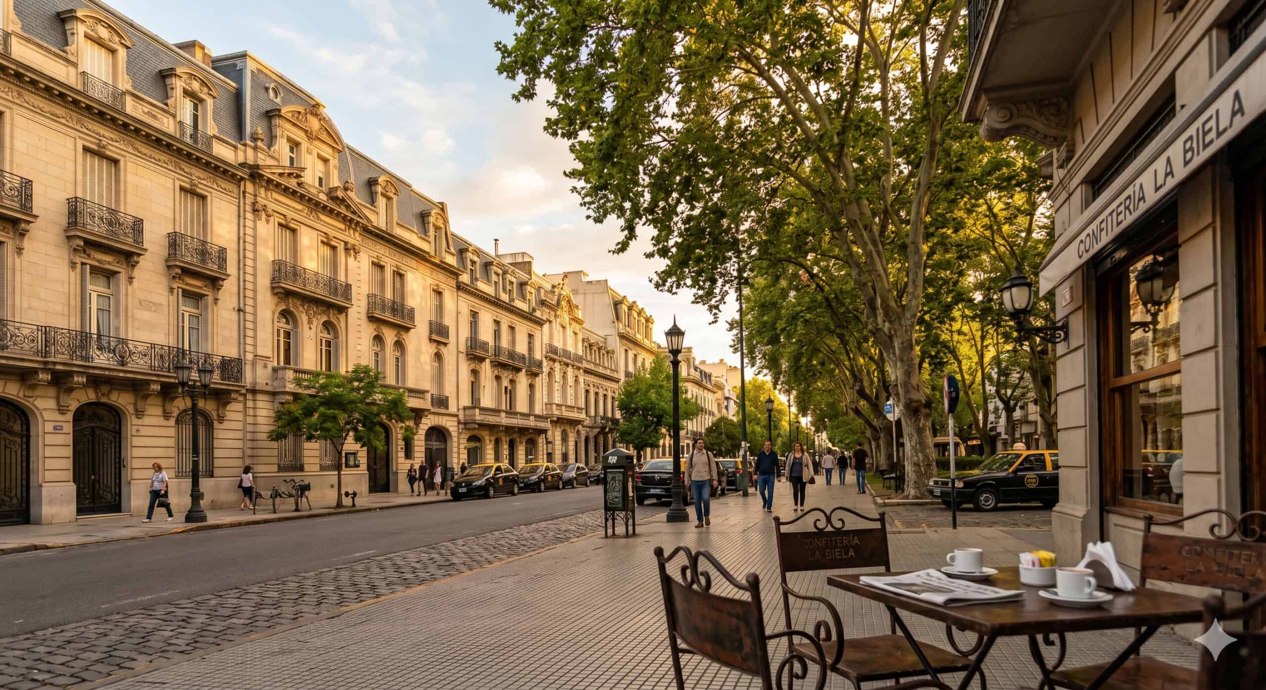 Tree-lined Recoleta street with Beaux-Arts buildings and sidewalk café in Buenos Aires Argentina