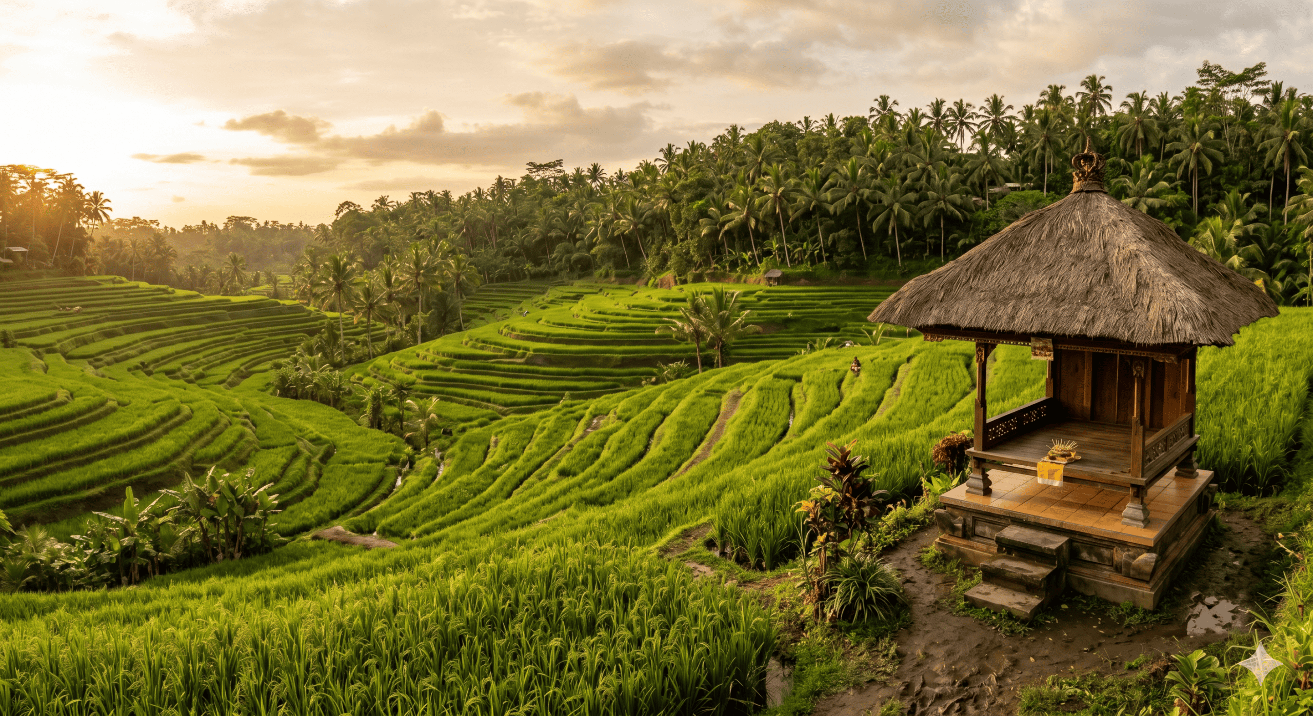 Terraced rice fields at golden hour in Ubud, one of the best places to stay in Bali