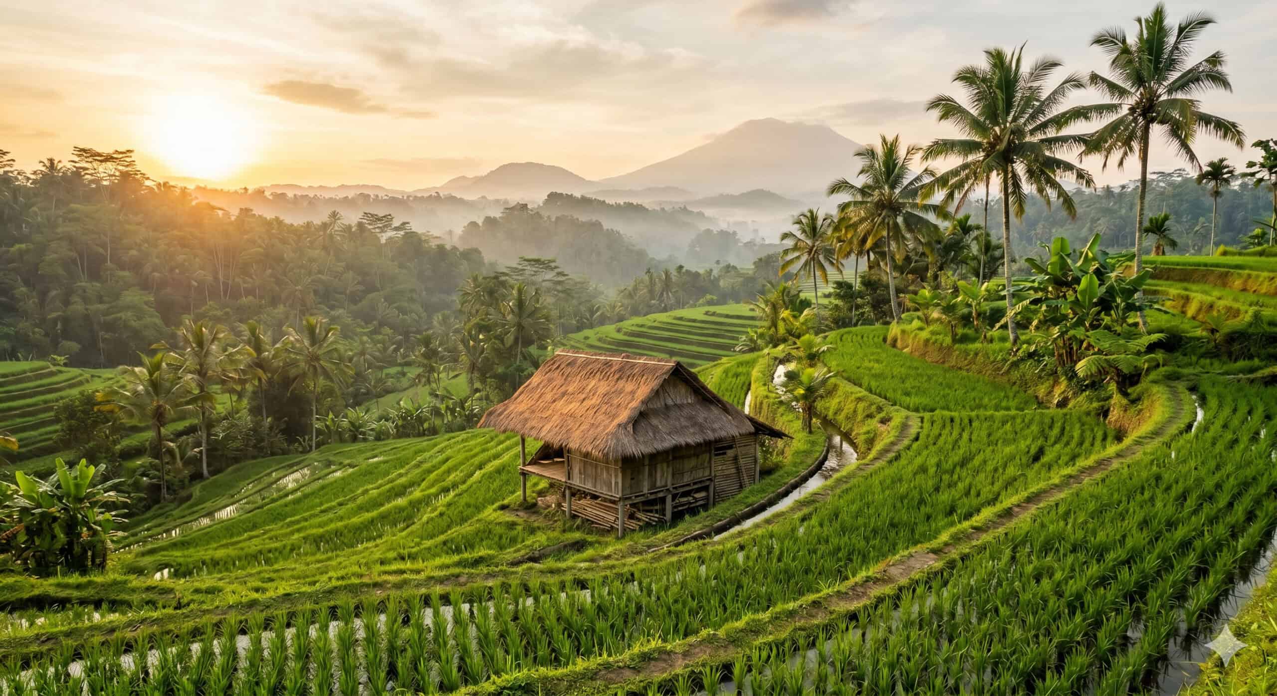Lush green rice terraces at golden hour in Ubud, one of the best places to stay in Bali