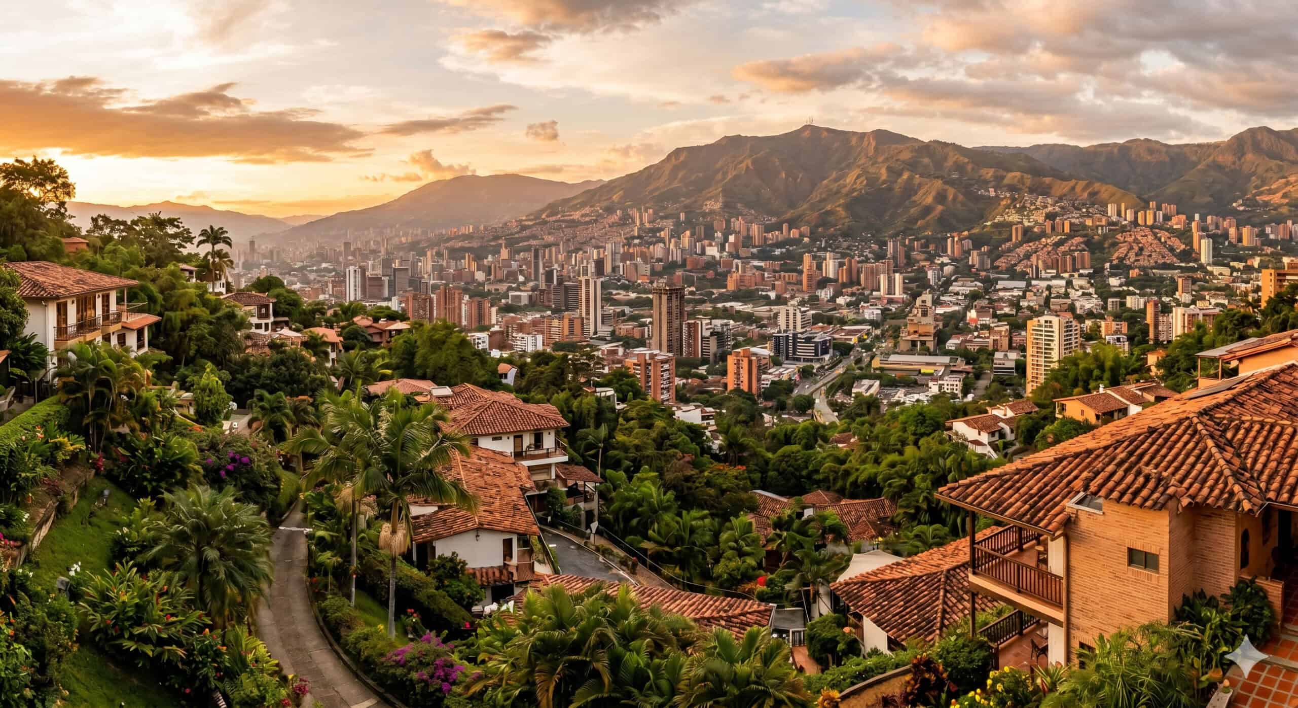 Aerial view of Medellín Colombia at golden hour showing El Poblado hillside neighborhoods and the Andes mountains.