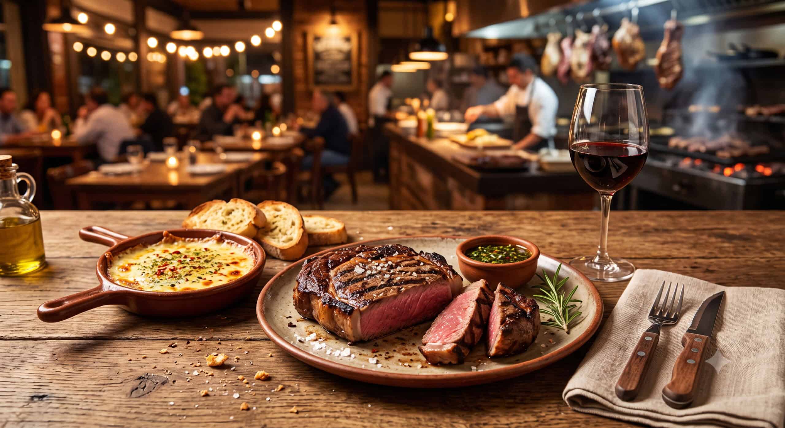Grilled steak and Malbec wine at a Buenos Aires parrilla restaurant
