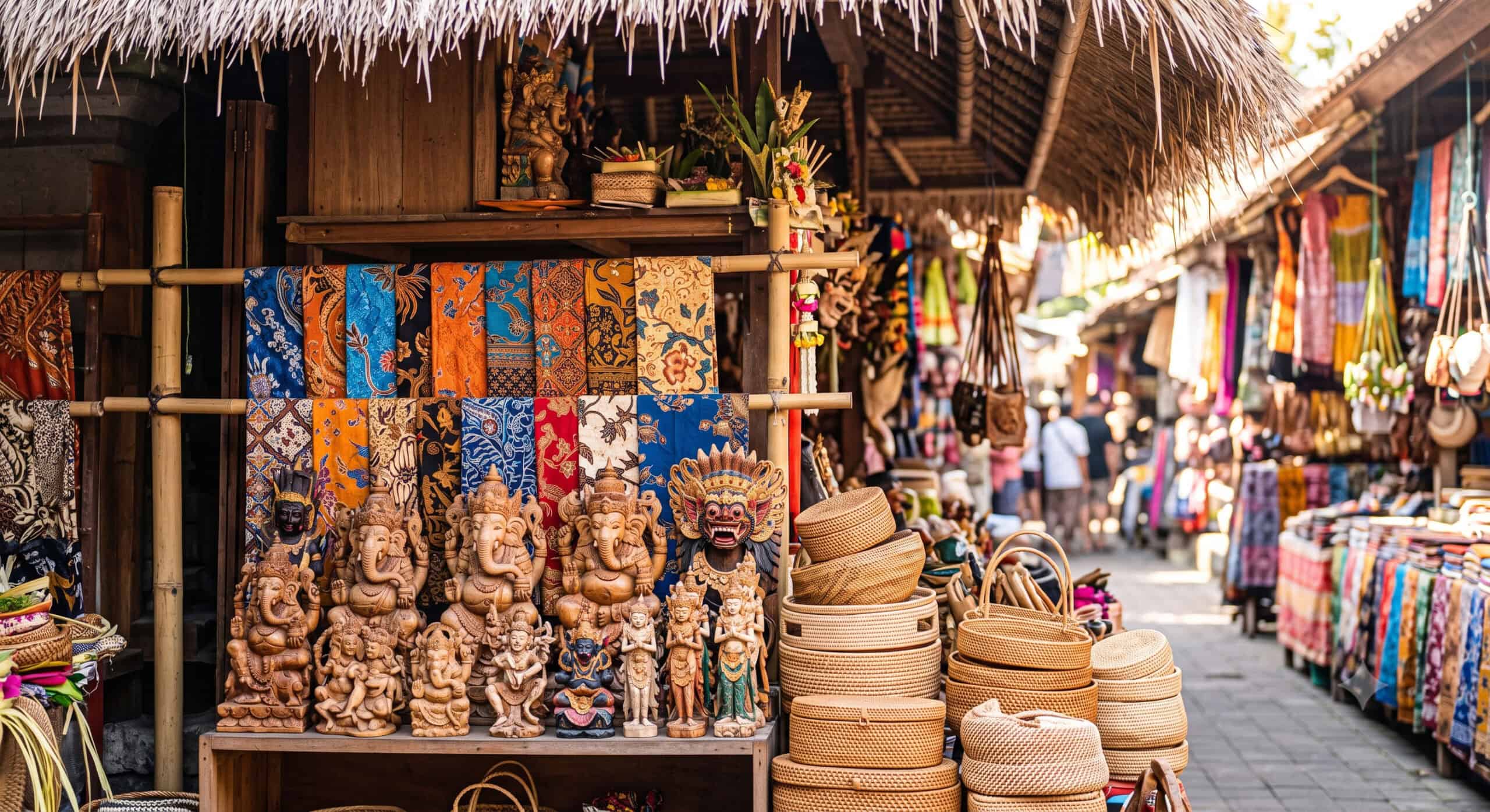 Colorful handwoven textiles and wood carvings at a Bali market stall
