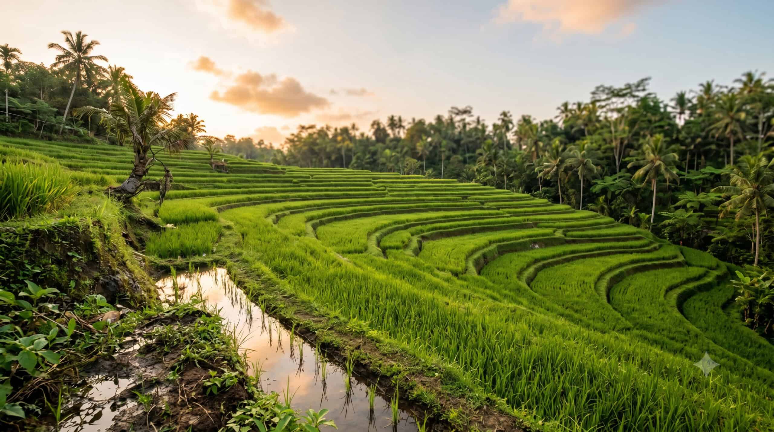 Tegalalang Rice Terraces in Bali at golden hour with stepped green paddies