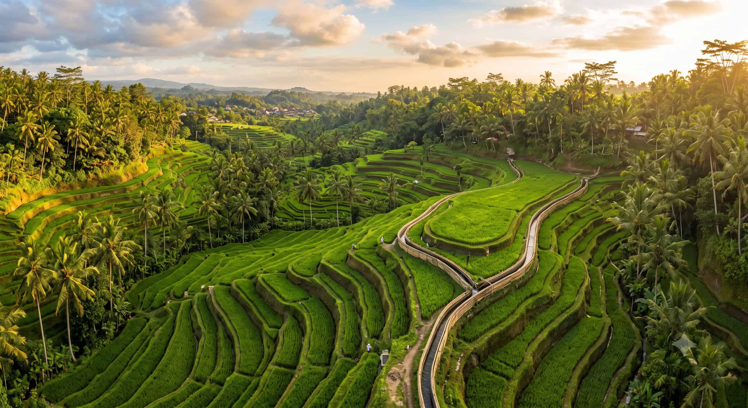 Golden hour aerial view of Bali rice terraces during dry season