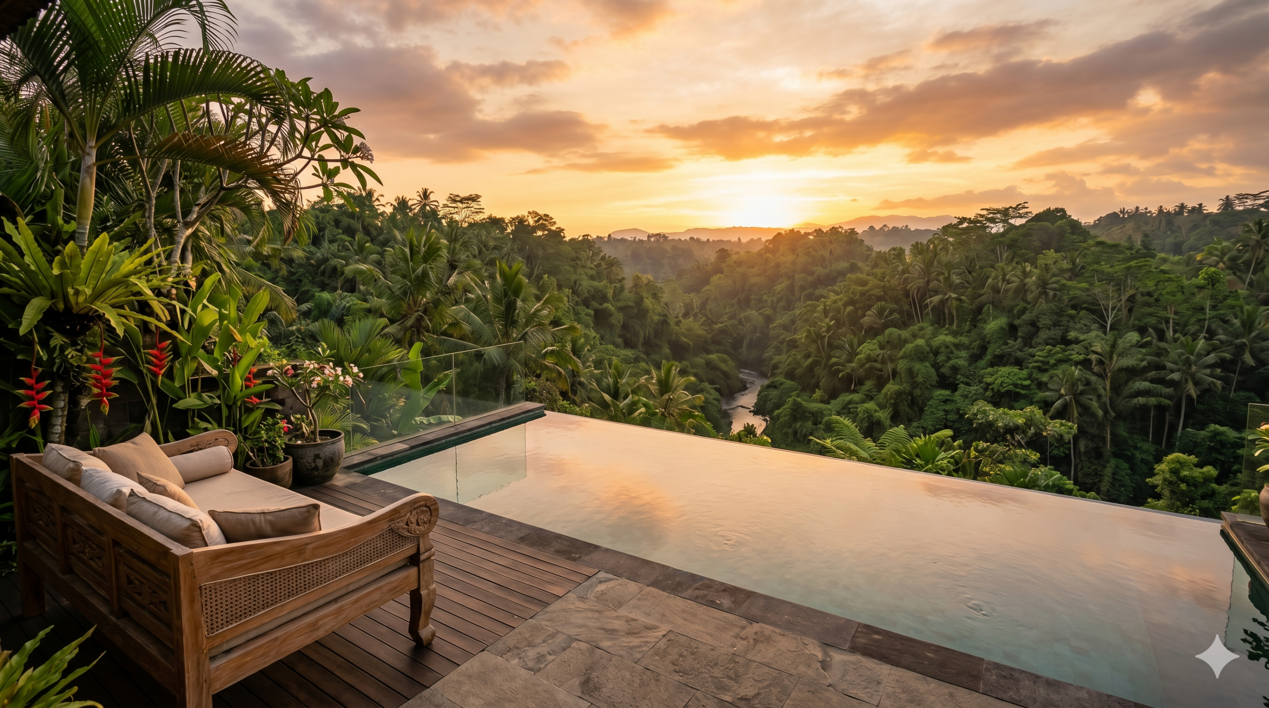 Private infinity pool villa overlooking jungle valley in Ubud Bali at sunset