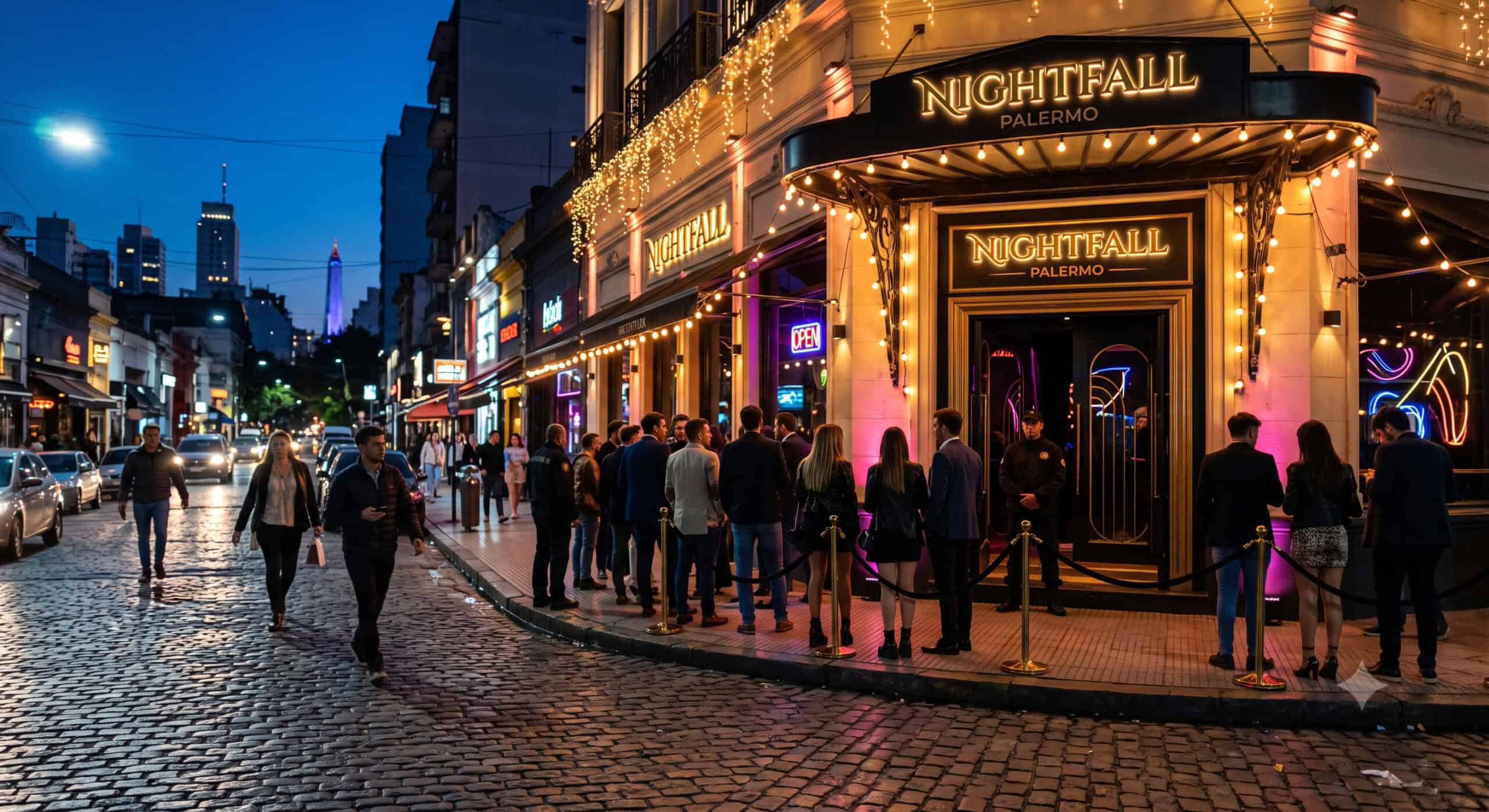 Glowing nightclub entrance on a Palermo street in Buenos Aires at night