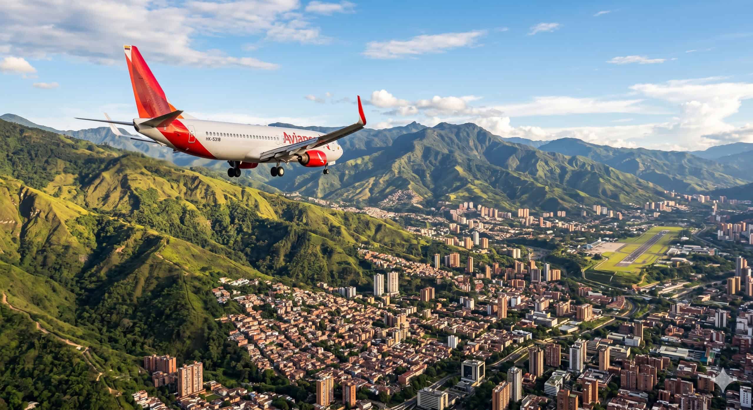 Commercial aircraft on approach to Medellín MDE airport with Andean mountains in the background