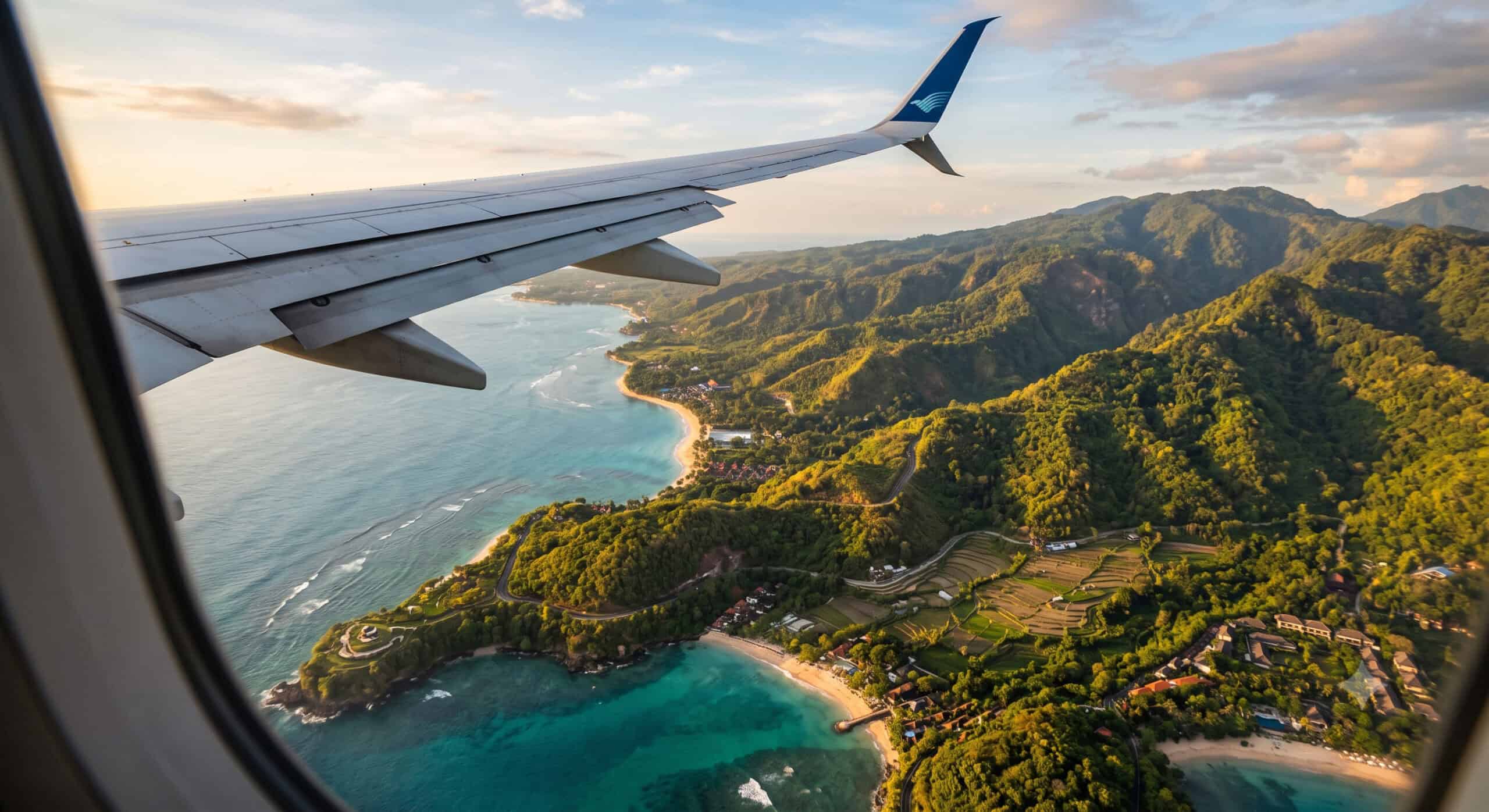 Airplane wing descending toward Bali's coastline at golden sunset
