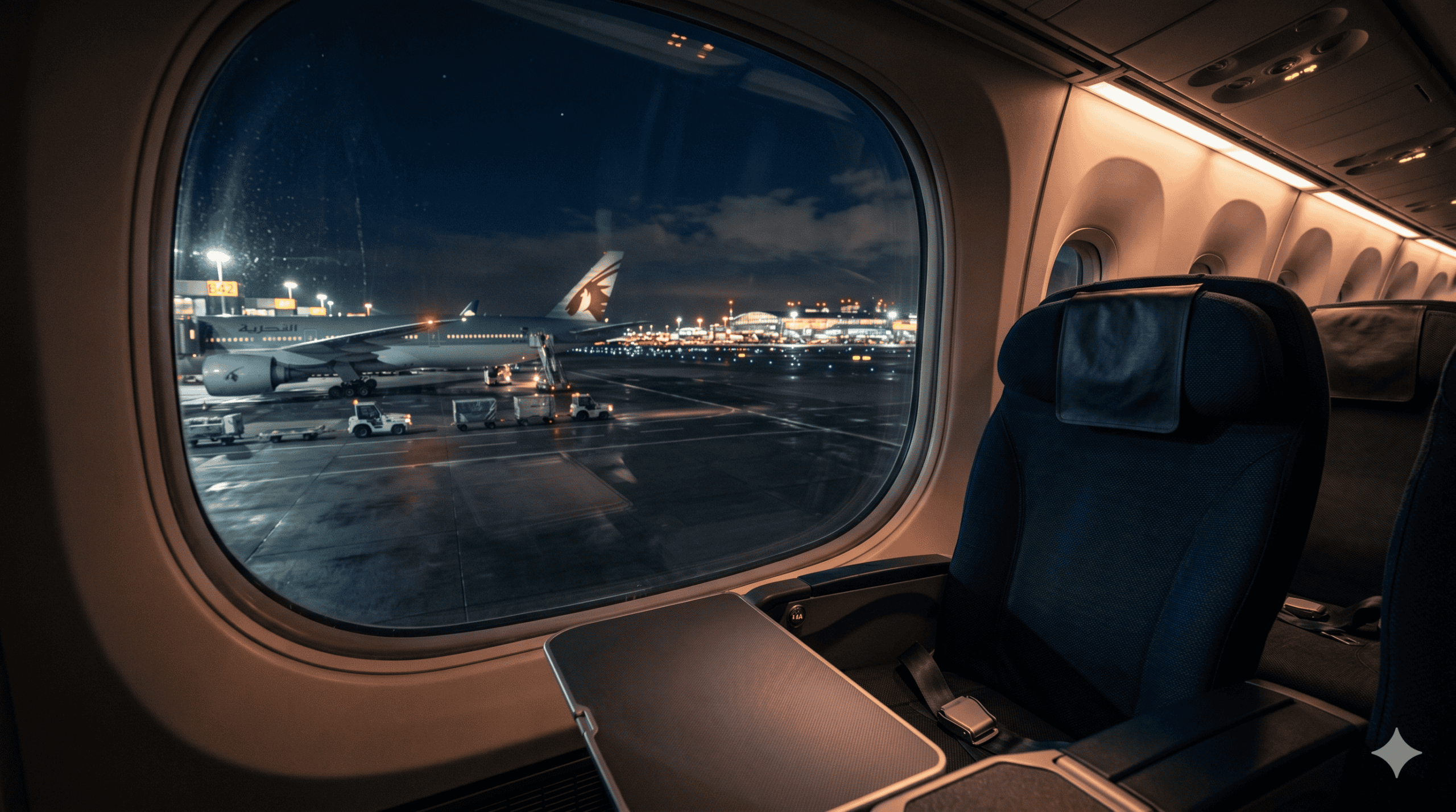 Airplane window view at night preparing for a nonstop flight to Buenos Aires from the US