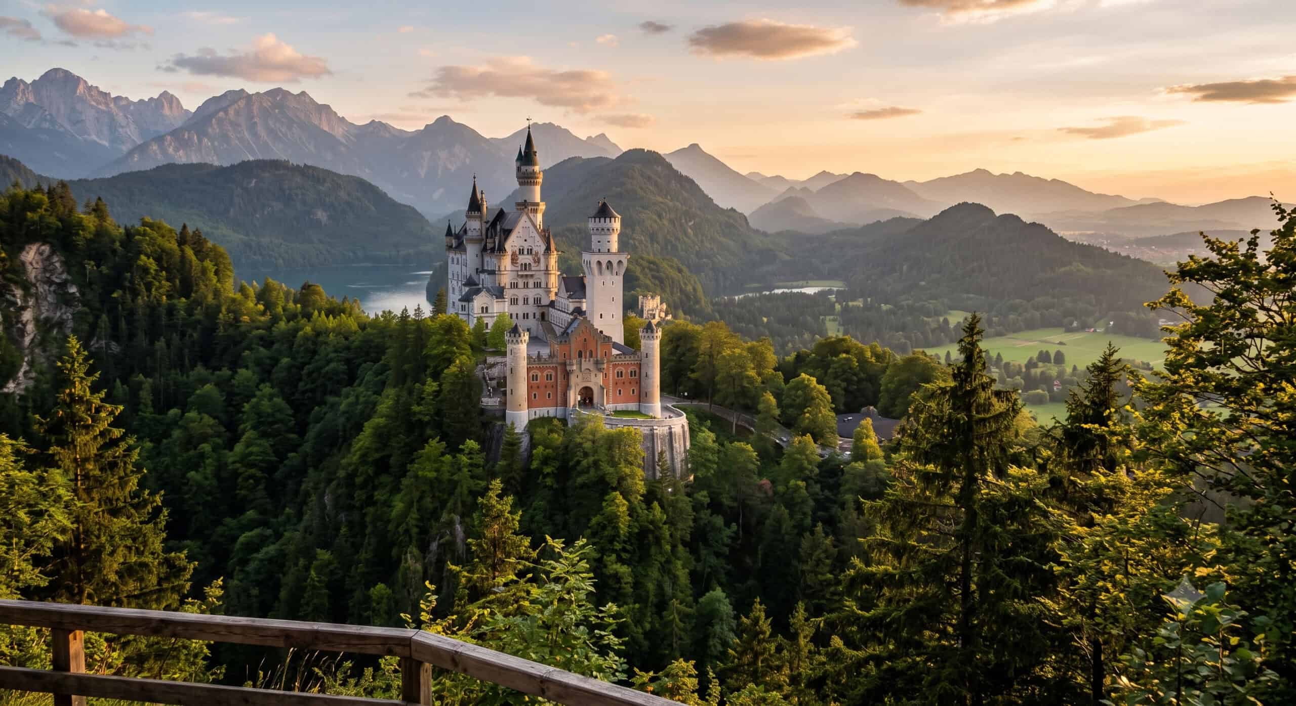 Neuschwanstein Castle above the Bavarian forest on the Frankfurt to Bavaria road trip