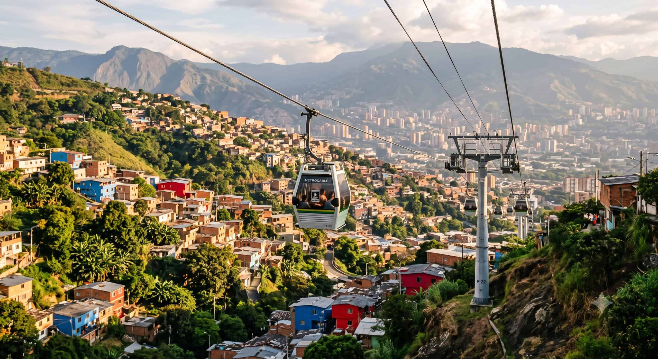 Medellín Metrocable gondola crossing a green hillside neighborhood at sunset