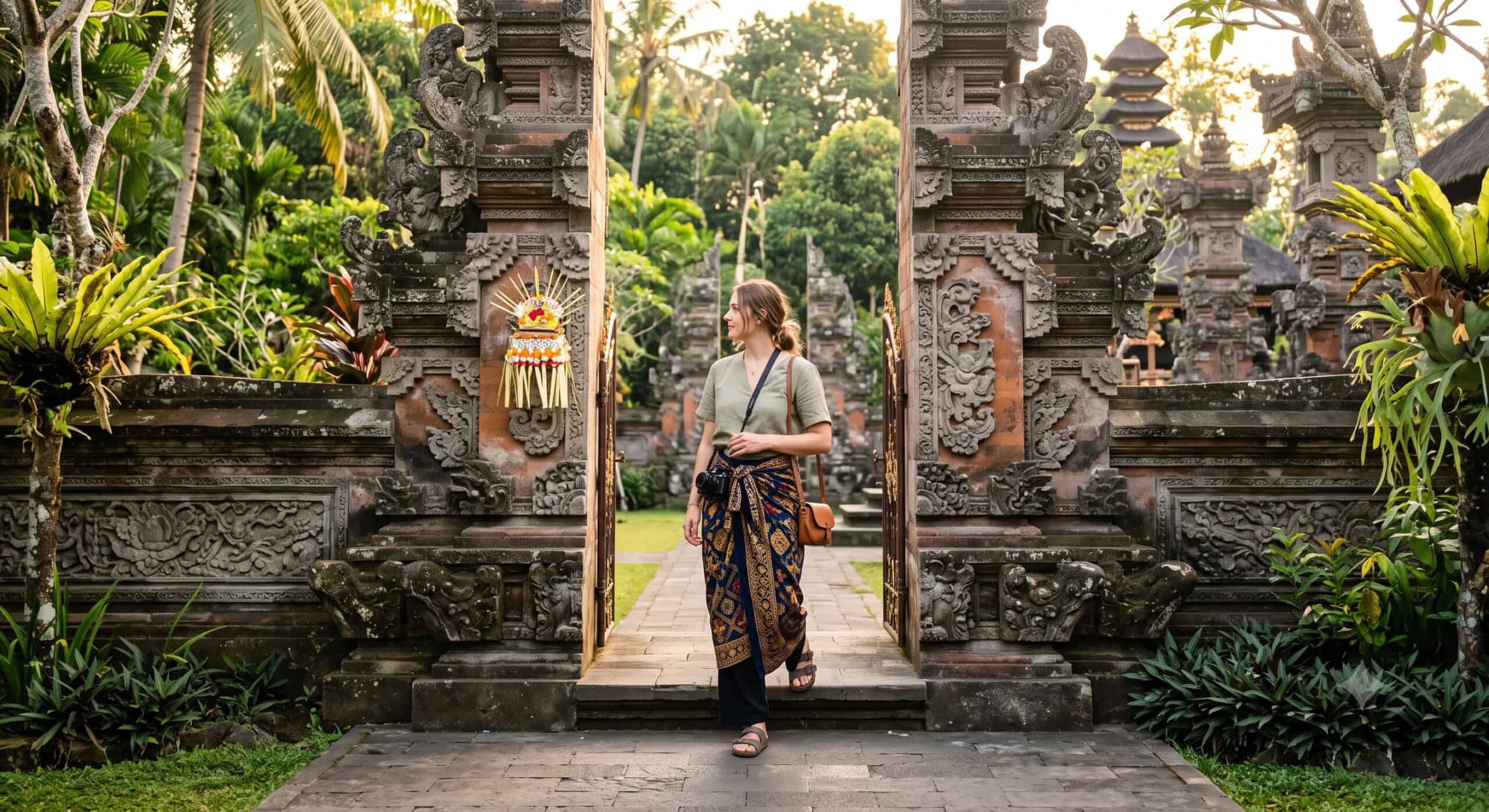 Traveler wearing a sarong outside a Bali temple entrance