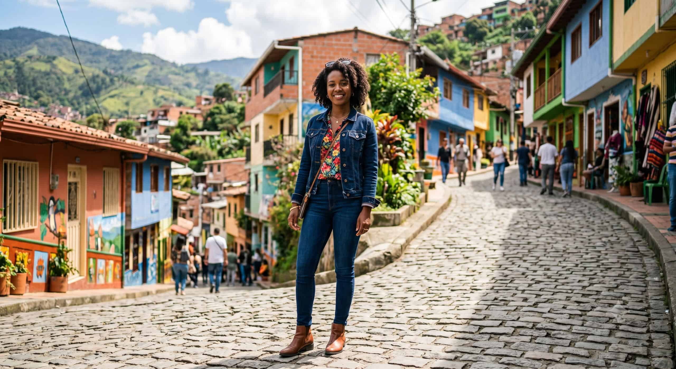 Woman in a denim jacket and colorful top on a cobblestone street in Medellín, Colombia