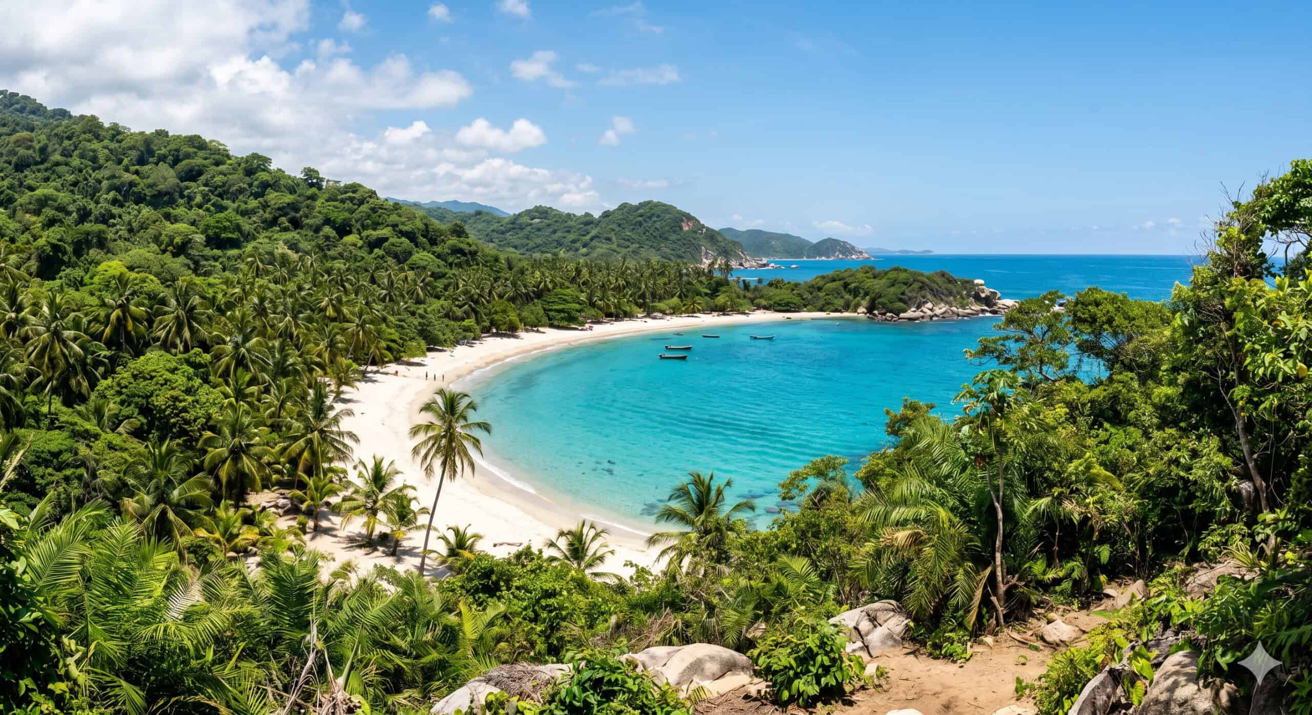 Turquoise cove with white sand beach and jungle backdrop in Colombia's Tayrona National Park