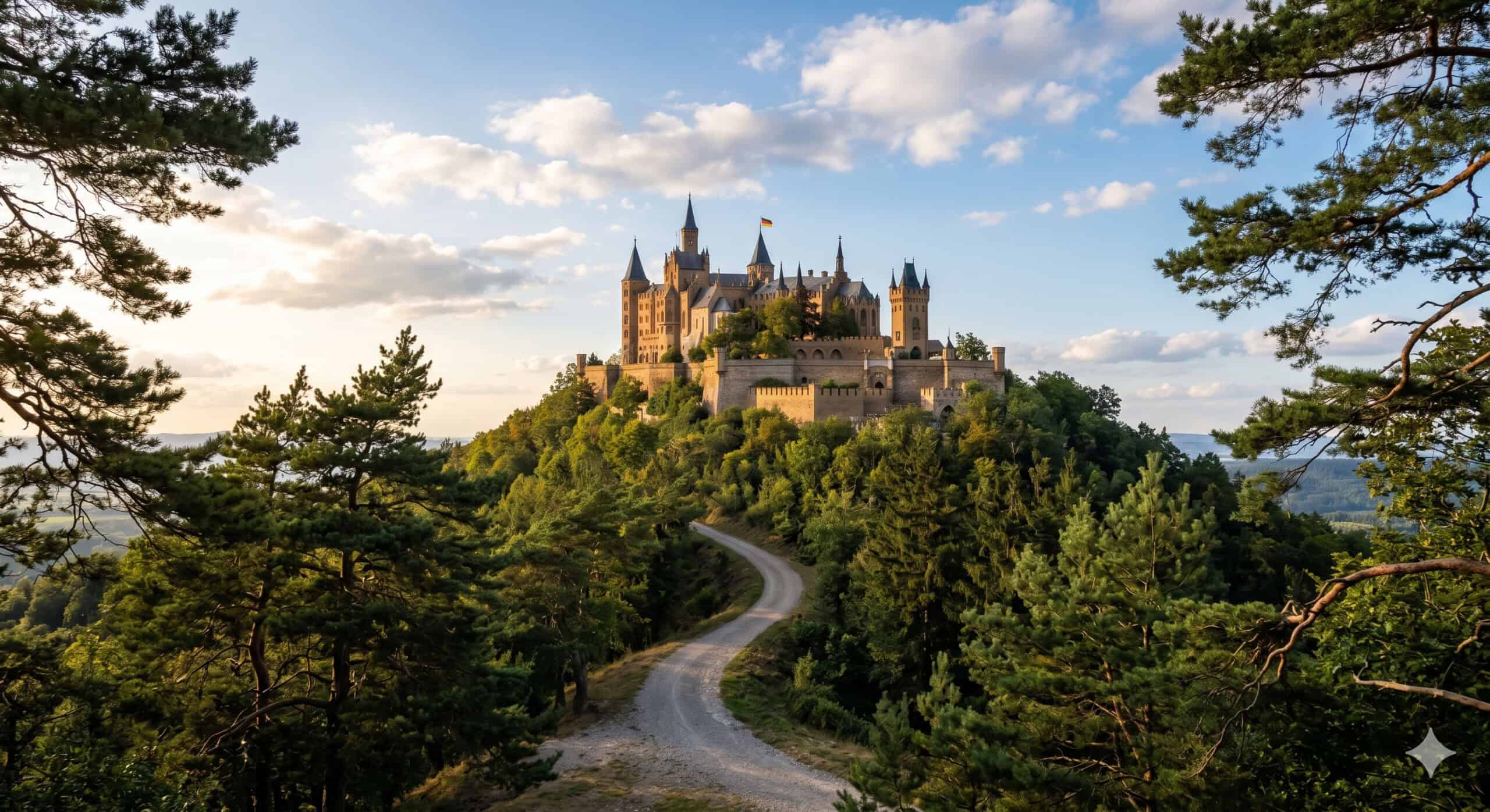 Hohenzollern Castle rising above forested mountaintop on the Frankfurt to Black Forest road trip route.