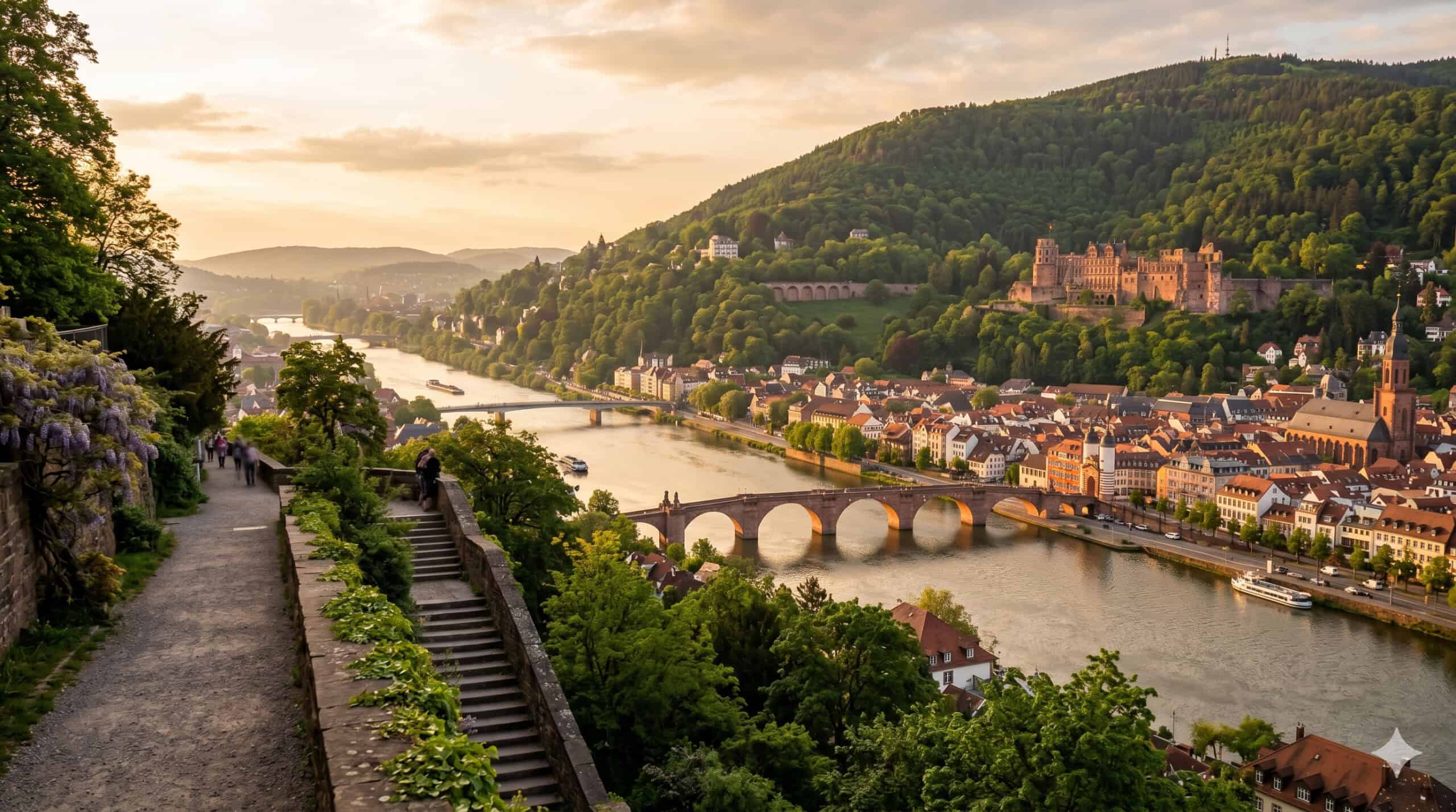 Panoramic view of Heidelberg Castle and the Old Bridge over the Neckar River in Germany at golden hour.