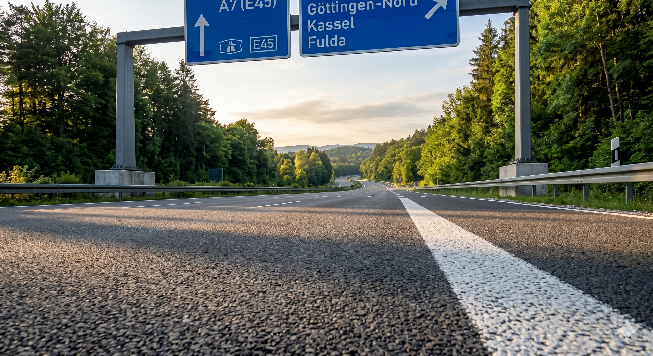 Empty Autobahn highway through green German forest at dawn.