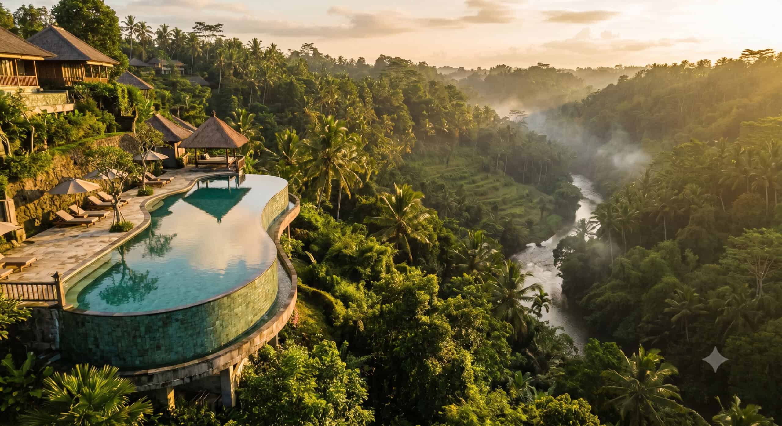Luxury jungle resort infinity pool overlooking a rainforest river valley in Ubud Bali at sunset