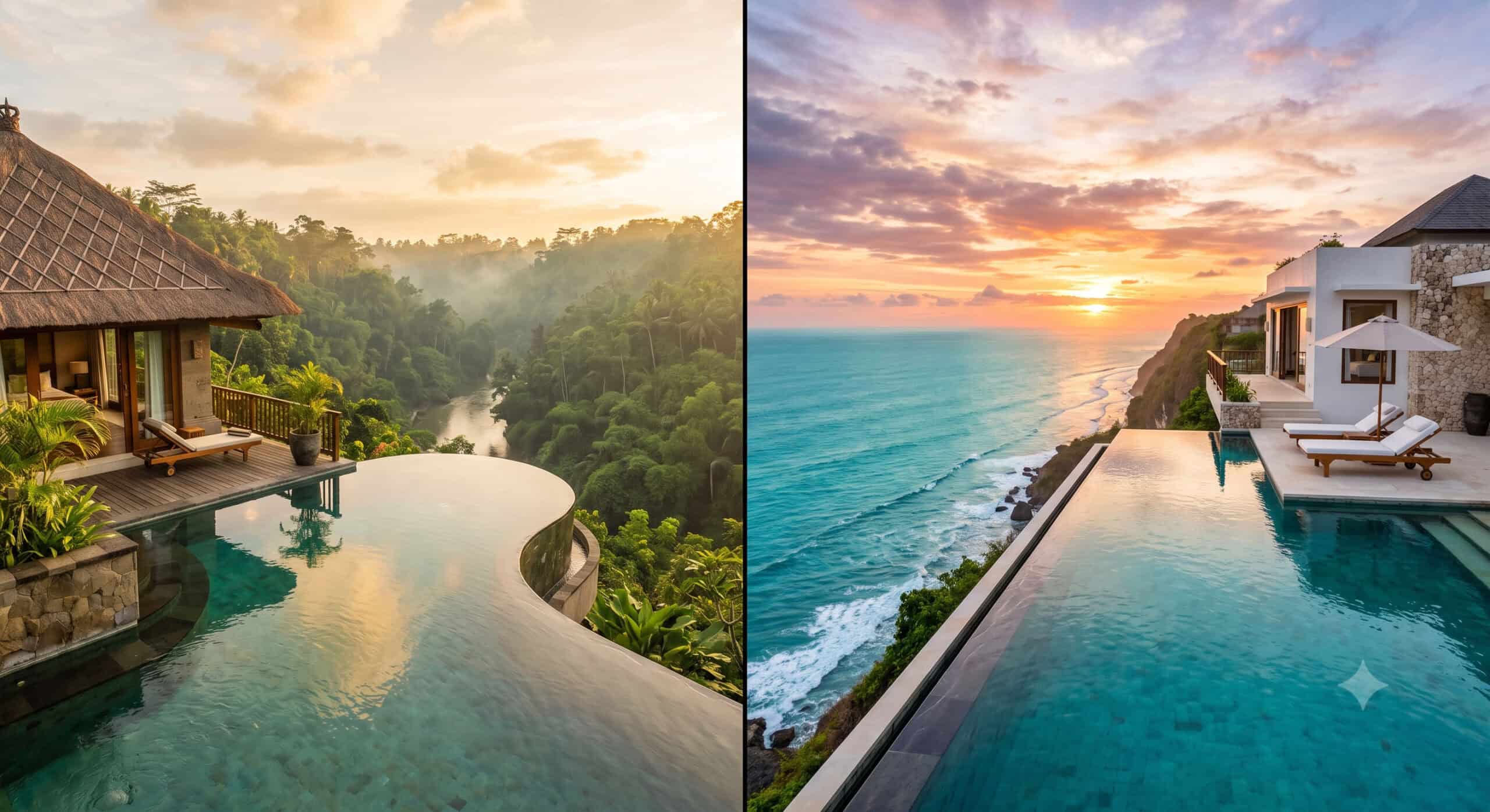 Split view of jungle river villa pool and clifftop ocean villa pool in Bali